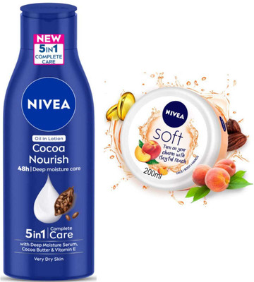 NIVEA Cocoa Nourish 200ml Lotion and Playful Peach cream set of 2pc(400 ml)