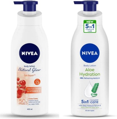 NIVEA Body Lotion 400 ML (Pack Of 2) - Natural Glow Cell Repair & Aloe Hydration(800 ml)
