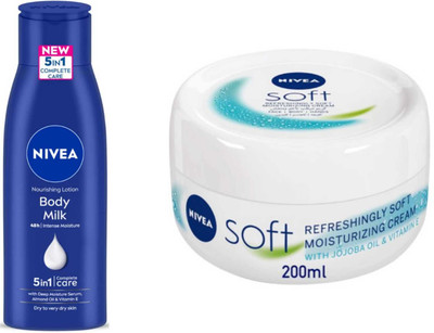 NIVEA Soft cream 200ml and Bodymilk 75ml lotion Set of 2(275 ml)