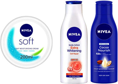 NIVEA Cocoa Nourish75ml Cell repair75ml and Soft 200ml Set of 3(350 ml)