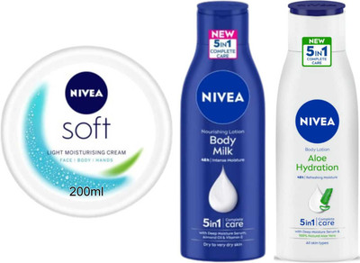 NIVEA Aloe hydration 75ml Bodymilk 75ml and Soft 200ml Set of 3(350 ml)