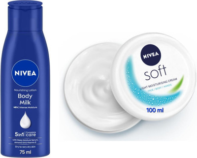 NIVEA Body Milk Nourishing Body Lotion - 75ml & Soft Light Moisturizing Cream - 100ml(175 ml)