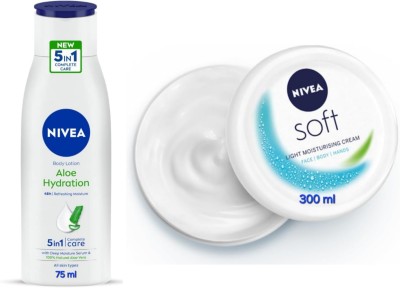 NIVEA Aloe Hydration Body Lotion - 75ml & Soft Light Moisturizing Cream - 300ml(375 ml)