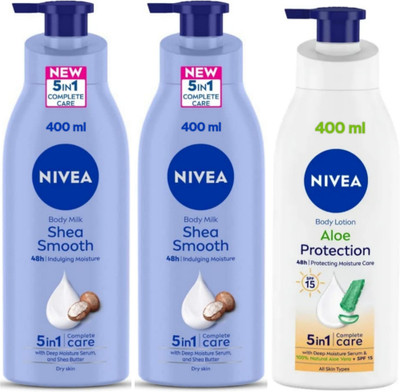 NIVEA Lotion 400ml - Shea Smooth -2pcs & Aloe Protection SPF 15 (Pack of 3)(1200 ml)