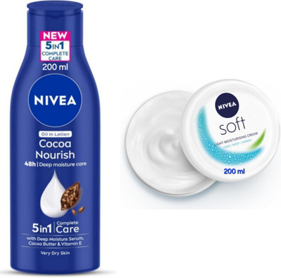NIVEA Cocoa Nourish Body Lotion - 200ml & Soft Light Moisturizing Cream - 200ml(400 ml)