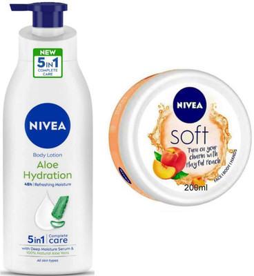 NIVEA Aloe Hydration 400ml lotion and Peach 200ml Cream Set of 2pc(600 ml)