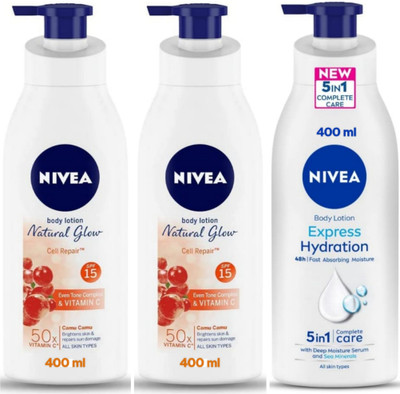 NIVEA Lotion 400ml - Natural Glow Cell Repair -2pcs & Express Hydration (Pack of 3)(1200 ml)