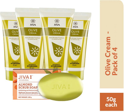 JIVA Olive Cream - Anti-Aging Formula For Your Skin - 50 g, Pack of 4 with Almond Scrub Soap Free -100 g(200 g)