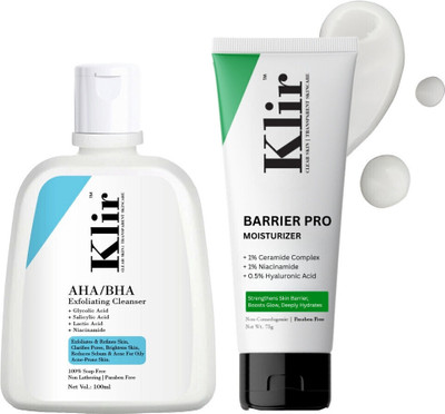 Klir AHA BHA Face Cleanser & Ceramide Moisturizer Combo - Anti acne, fade marks(175 g)