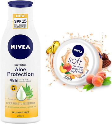 NIVEA Aloe Protection 200ml Lotion and Playful Peach cream set of 2pc(400 ml)