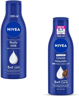 NIVEA Body Lotion 200ml - Body Milk Nourishing & Cocoa Nourish (Pack of 2)(400 ml)