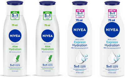 NIVEA Lotion 75ml - Aloe Hydration -2pcs & Express Hydration -2pcs (Pack of 4)(300 ml)
