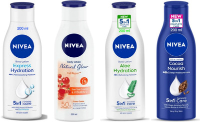 NIVEA Lotion 200ml - Express Hyd., Cell Repair, Aloe Hyd., Cocoa Nur. (Pack of 4)(800 ml)