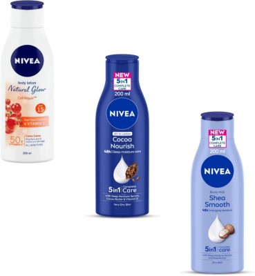 NIVEA Lotion 200ml- N.G. Cell Repair & Cocoa Nourish & Shea Smooth (Pack of 3)(600 ml)