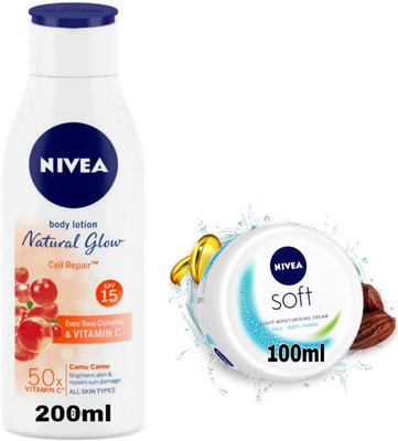 NIVEA Natural Glow Cell Repair 200ml & Soft Cream 100ml Combo(300 ml)