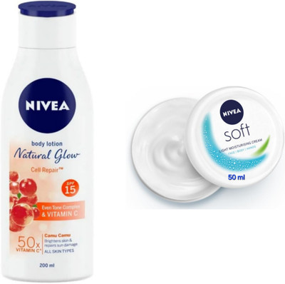 NIVEA Natural Glow Cell Repair Body Lotion - 200ml & Soft Light Moist. Cream - 50ml(250 ml)