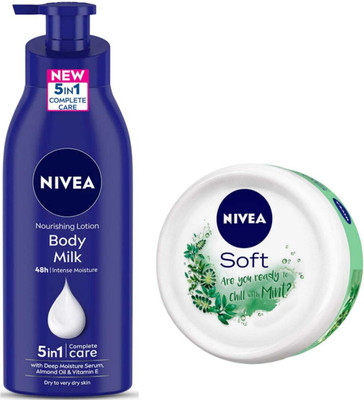 NIVEA BodyMilk 400ml lotion and Chilled Mint 200ml Cream Set of 2pc(600 ml)