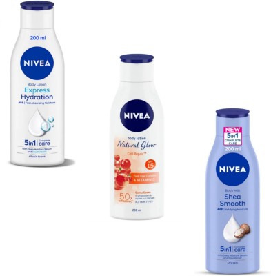 NIVEA Lotion 200ml- Express Hydration & N.G. Cell Repair & Shea Smooth (Pack of 3)(600 ml)