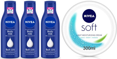 NIVEA Soft cream 300ml and pack of 3 Bodymilk 75ml lotion Set of 4(525 ml)