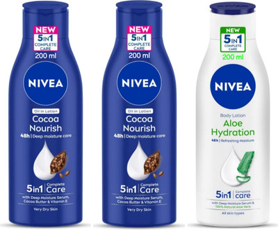 NIVEA Body Lotion 200ml - Cocoa Nourish -2pcs & Aloe Hydration (Pack of 3)(600 ml)