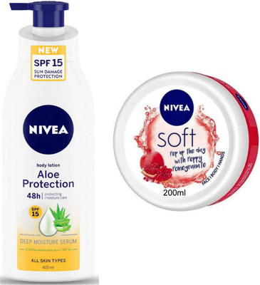 NIVEA Aloe Protection SPF15 400ml lotion and Pomegranate 200ml Cream Set of 2pc(600 ml)