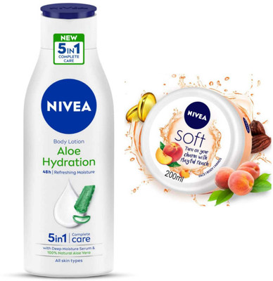 NIVEA Aloe Hydration 200ml Lotion and Playful Peach cream set of 2pc(400 ml)