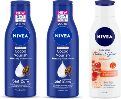 NIVEA Body Lotion 200ml - Cocoa Nourish -2pcs & N.G. Cell Repair SPF 15 (Pack of 3)(600 ml)