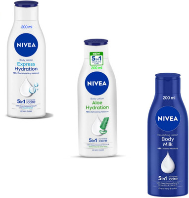 NIVEA Lotion 200ml- Express Hydration & Aloe Hydration & Body Milk (Pack of 3)(600 ml)