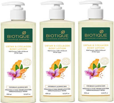 BIOTIQUE Ubtan & Collagen Body Lotion For Bright & Glowing Skin Pack of - 400ml x 3(1200 ml)