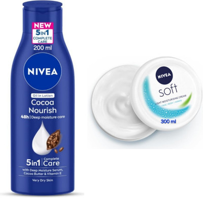 NIVEA Cocoa Nourish Body Lotion - 200ml & Soft Light Moisturizing Cream - 300ml(500 ml)