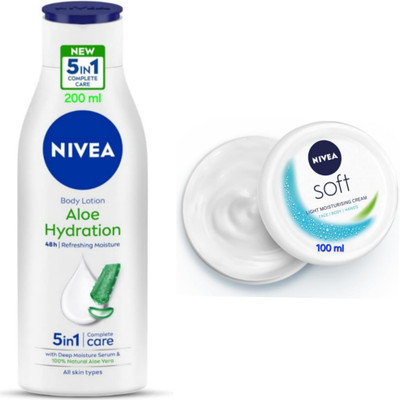 NIVEA Aloe Hydration Body Lotion - 200ml & Soft Light Moisturizing Cream - 100ml(300 ml)