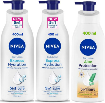 NIVEA Lotion 400ml - Express Hydration - 2pcs & Aloe Protection SPF 15 (Pack of 3)(1200 ml)