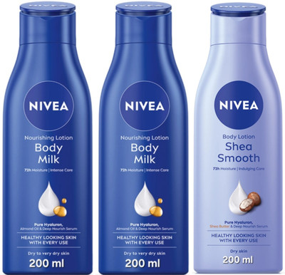 NIVEA BODY LOTION 200 ML - BODY MILK 2 PCS & SHEA SMOOTH 1 PCS(600 ml)