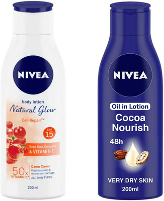 NIVEA Natural Glow Cell Repair 200ml and Cocoa Nourish 200ml Lotion(400 ml)