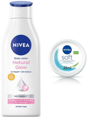 NIVEA Natural Glow Lotion 200ml & Soft Light Moisturizer Cream 25ml (Pack of 2)(250 ml)