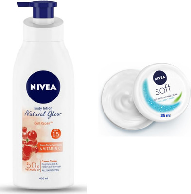 NIVEA Natural Glow Cell Repair Lotion - 400ml & Soft Light Moisturizing Cream - 25ml(425 ml)