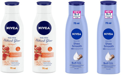 NIVEA Lotion 75ml - Natural Glow Cell Repair -2pcs & Shea Smooth -2pcs (Pack of 4)(300 ml)