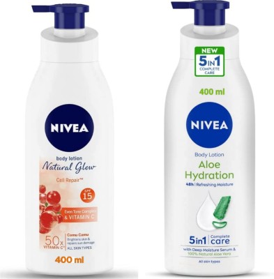 NIVEA Lotion 400ML - Natural Glow Cell Repair & Aloe Hydration (Pack of 2)(800 ml)