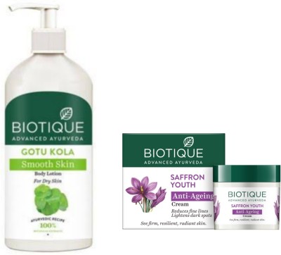 BIOTIQUE Gotu Kola Body Lotion 300 ML & Saffron Youth Cream 50g(350 ml)