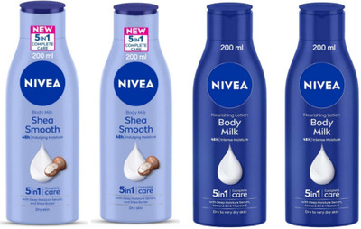 NIVEA Body Lotion 200ml - Shea Smooth -2pcs & Body Milk -2pcs (Pack of 4)(800 ml)