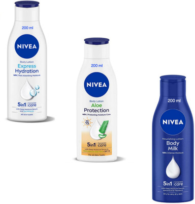 NIVEA Lotion 200ml- Express Hydration & Aloe Protection & Body Milk (Pack of 3)(600 ml)