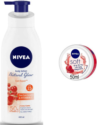 NIVEA Pomegranate 50ml Cream and Natural Glow Cell Repair 400ml Lotion set of 2pc(450 ml)