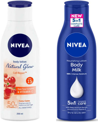 NIVEA Natural Glow Cell Repair 200ml and Body Milk 200ml Lotion(400 ml)