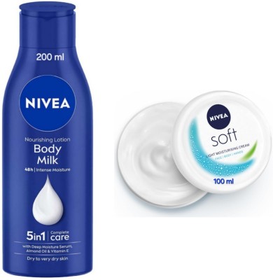 NIVEA Body Milk Nourishing Body Lotion - 200ml & Soft Light Moisturising Cream - 100ml(300 ml)