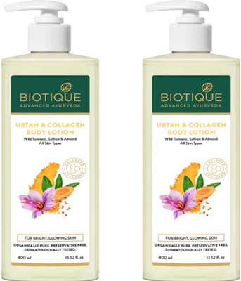 BIOTIQUE Ubtan & Collagen Body Lotion For Bright & Glowing Skin Pack of - 400ml x 2(800 ml)