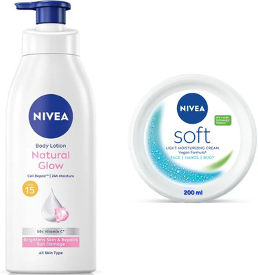 NIVEA NATURAL GLOW BODY LOTION 400 ML & SOFT CREAM 200 ML(600 ml)
