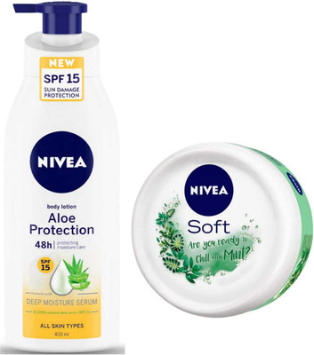 NIVEA Aloe Protection Spf15 400ml lotion and Chilled Mint 200ml Cream Set of 2pc(600 ml)