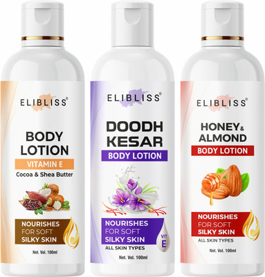 ELIBLISS Soft & Nourishing Body Lotion Set – Doodh Kesar, Honey Almond, Cocoa Butter(100 ml)