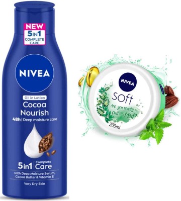 NIVEA Cocoa Nourish 200ml Lotion and Chilled Mint cream set of 2pc(400 ml)