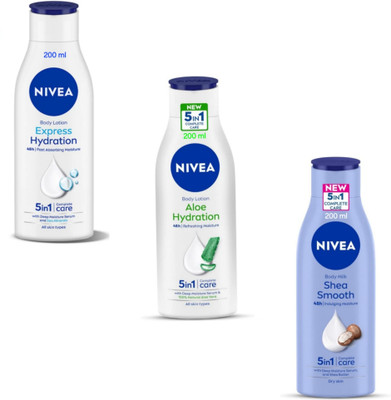NIVEA Lotion 200ml- Express Hydration & Aloe Hydration & Shea Smooth (Pack of 3)(600 ml)